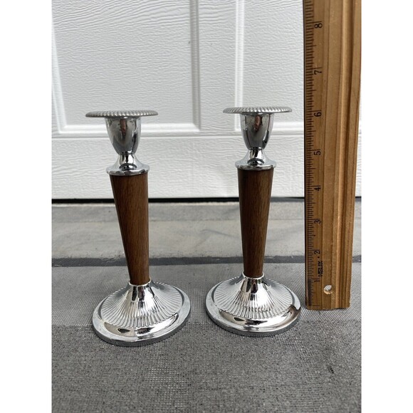 IANTHE Pat PDG Made in England Faux Wood & Silver Plate Candle Holders - Picture 7 of 7